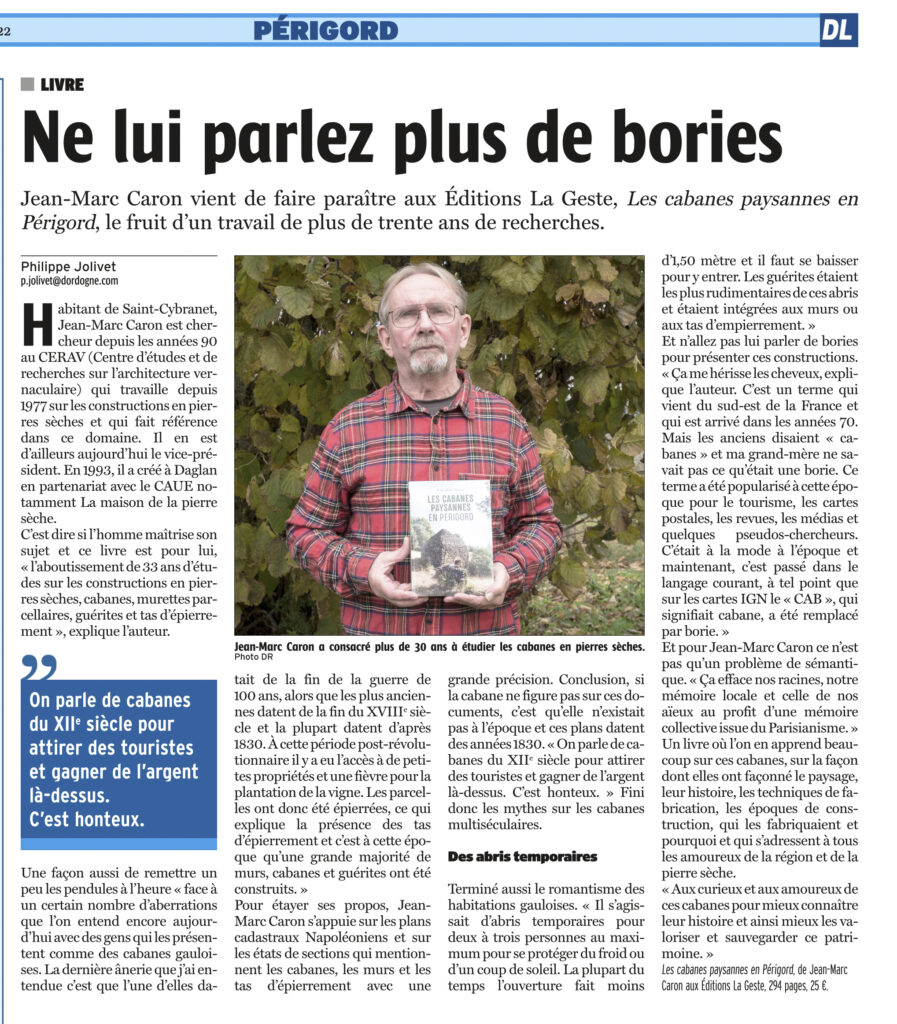 Les cabanes paysannes en Périgord, article La Dordogne Libre